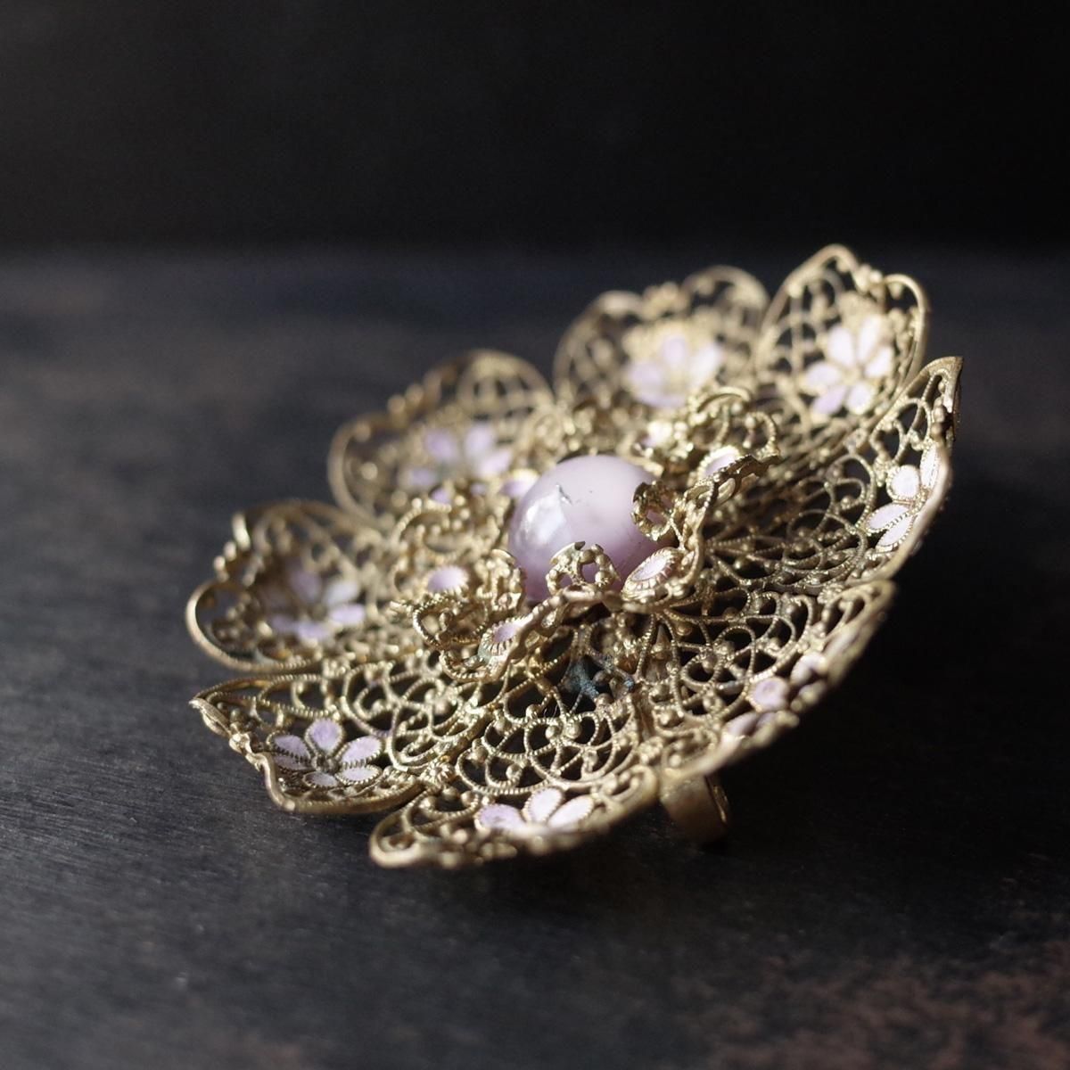 ᥿ ԥ 饹 ե ֥1920-30's Metal Pink Glass flower brooch