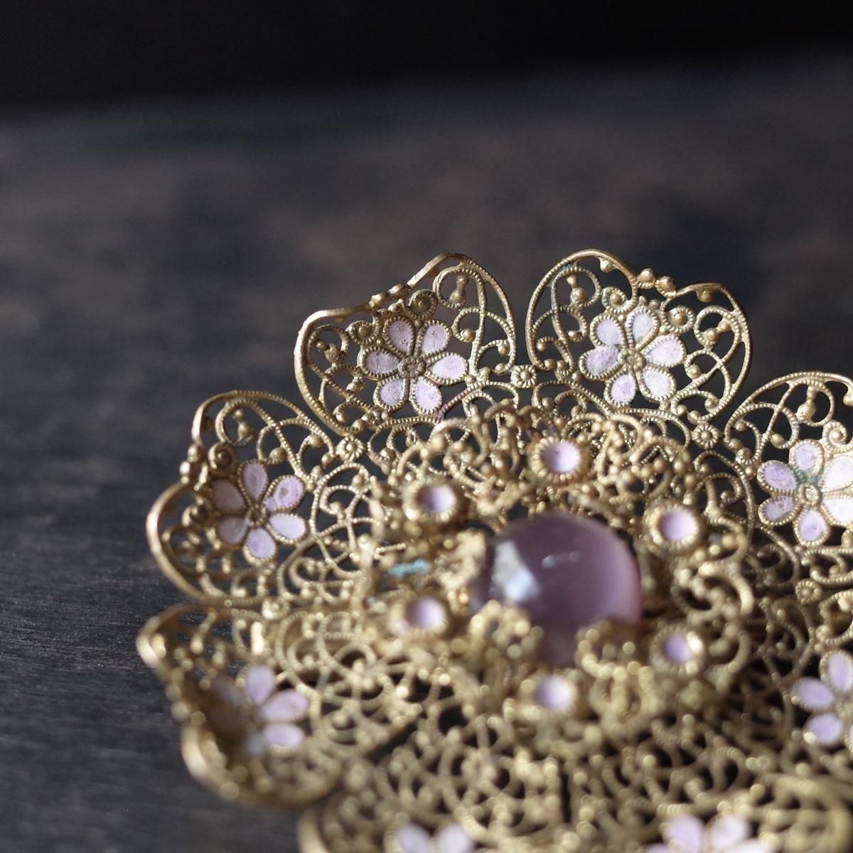᥿ ԥ 饹 ե ֥1920-30's Metal Pink Glass flower brooch