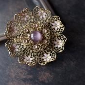 ᥿ ԥ 饹 ե ֥1920-30's Metal Pink Glass flower brooch