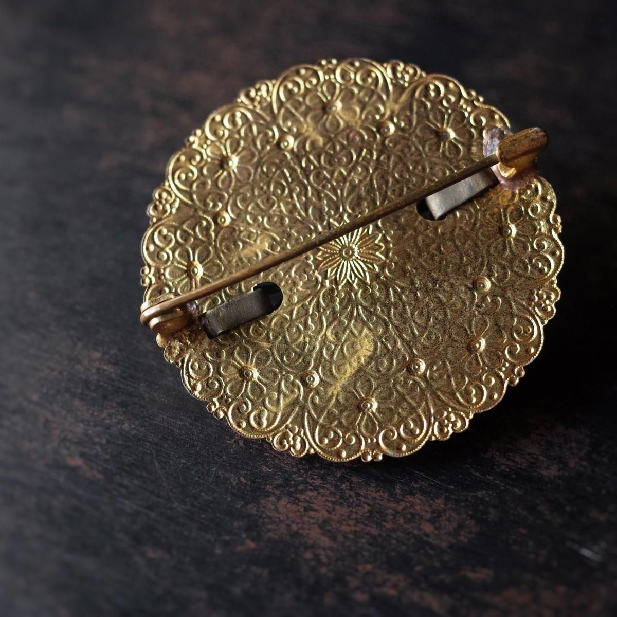 ᥿ 饤ȥ֥롼 饹 ֥1920-30's Metal Light Blue Glass brooch