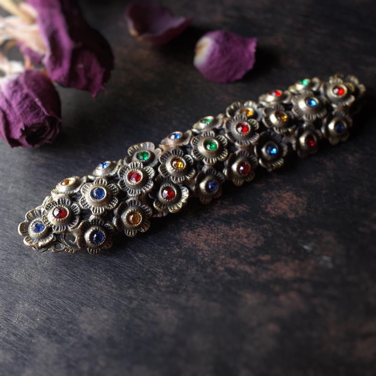 ᥿ ޥ顼 饹 ե ֥1920-30's Metal Multi Color Glass flower brooch