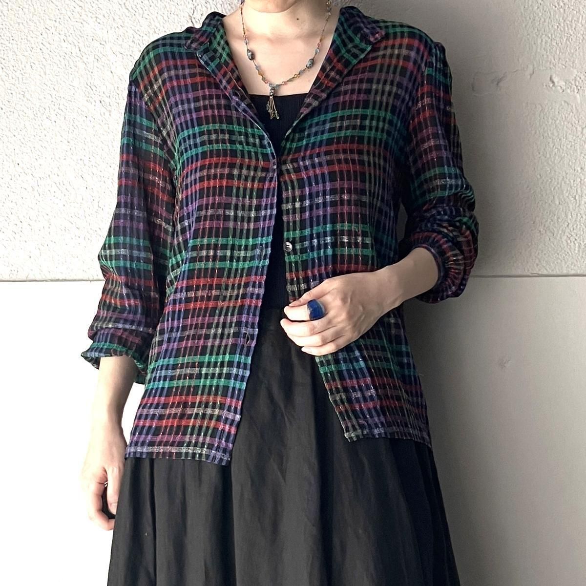 <img class='new_mark_img1' src='https://img.shop-pro.jp/img/new/icons13.gif' style='border:none;display:inline;margin:0px;padding:0px;width:auto;' />ե ơ ޥ顼å  ֥饦Vintage Multi Color Check Sheer Fabric Blouse
