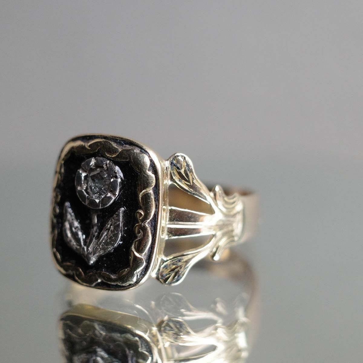 ヴィクトリアン 18金 ダイヤモンド エナメル モーニング リング