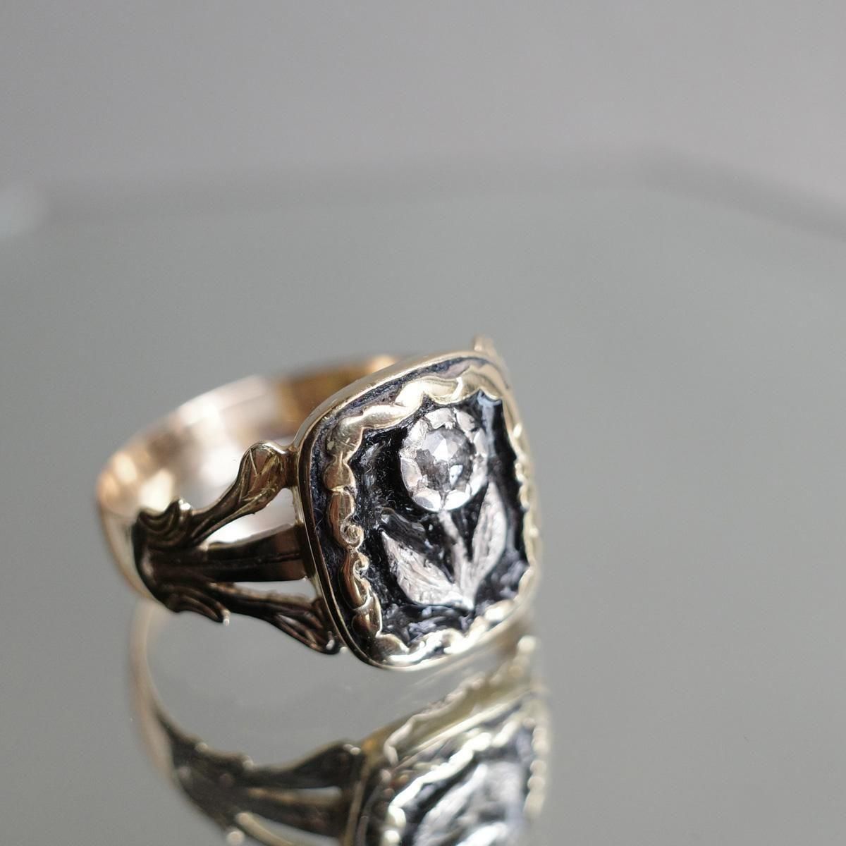 ヴィクトリアン 18金 ダイヤモンド エナメル モーニング リング