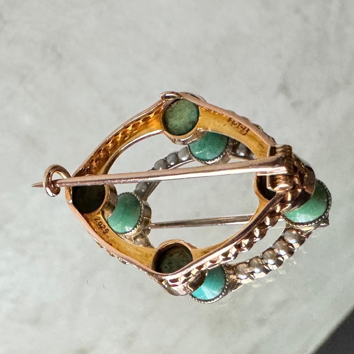 K18、ターコイズ、真珠のブローチ 1890-1910's 15金 ターコイズ パール ブローチ（15K Turquoise Pearl