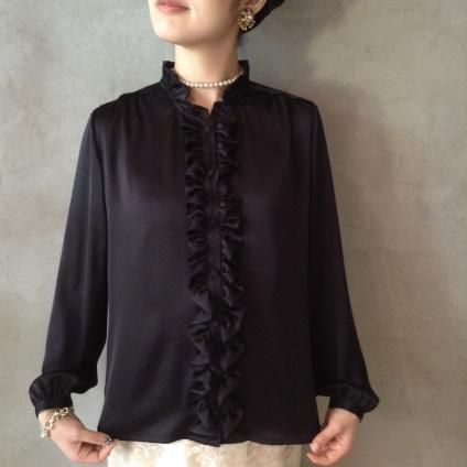 Vintage Satin Frill Shirt / Black (ե֥饦)