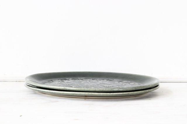 ベルベットグリーン 鳥と花の楕円皿 陶器 よしざわ窯 陶器