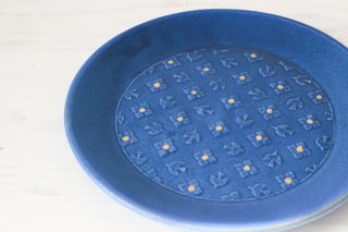 藍色 bird ＆ flower 丸皿 陶器 よしざわ窯
