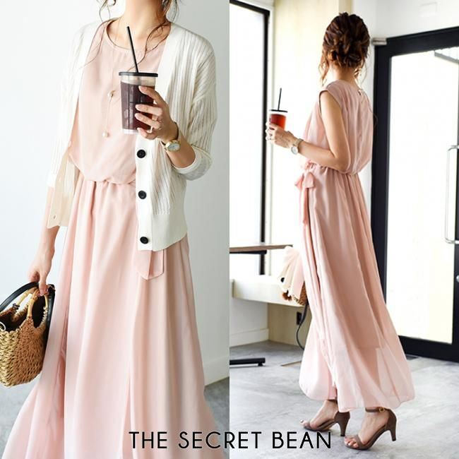 ゆうパケ サイド結びシフォンロングフレアノースリーブワンピース ピンク The Secret Bean ゆうパケ サイド結びシフォンロングフレアノースリーブワンピース ピンク The Secret Bean