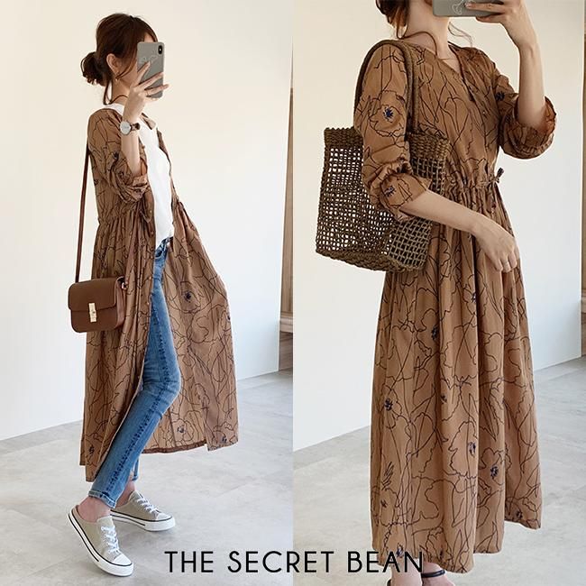 ゆうパケ 2way 一筆書き花柄シャツワンピース ブラウン The Secret Bean