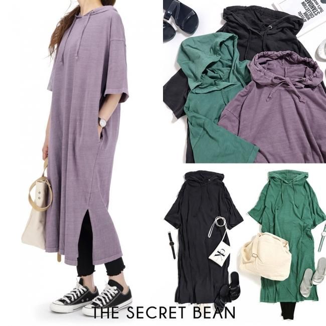 ゆうパケ 3color ピグメント加工サイドスリット半袖パーカーワンピース The Secret Bean ゆうパケ 3color ピグメント加工サイドスリット半袖パーカーワンピース The Secret Bean