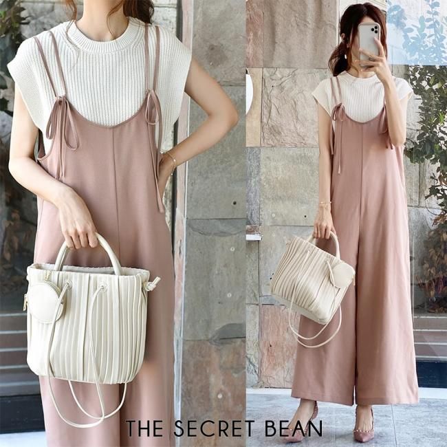 ゆうパケ 前後2way リボンストラップワイドサロペット ダスティモーブ The Secret Bean ゆうパケ 前後2way リボンストラップワイドサロペット ダスティモーブ The Secret Bean