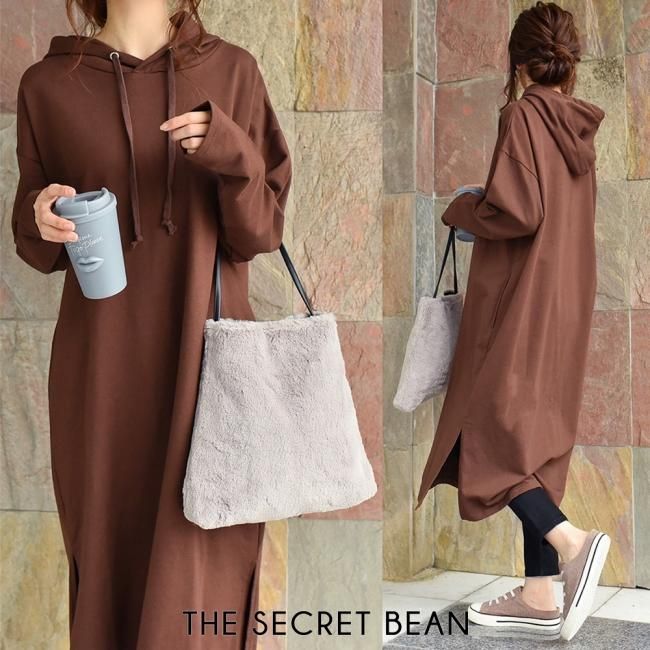 ゆうパケ ゆったりiライン ミニ裏毛パーカーワンピース ブラウン The Secret Bean