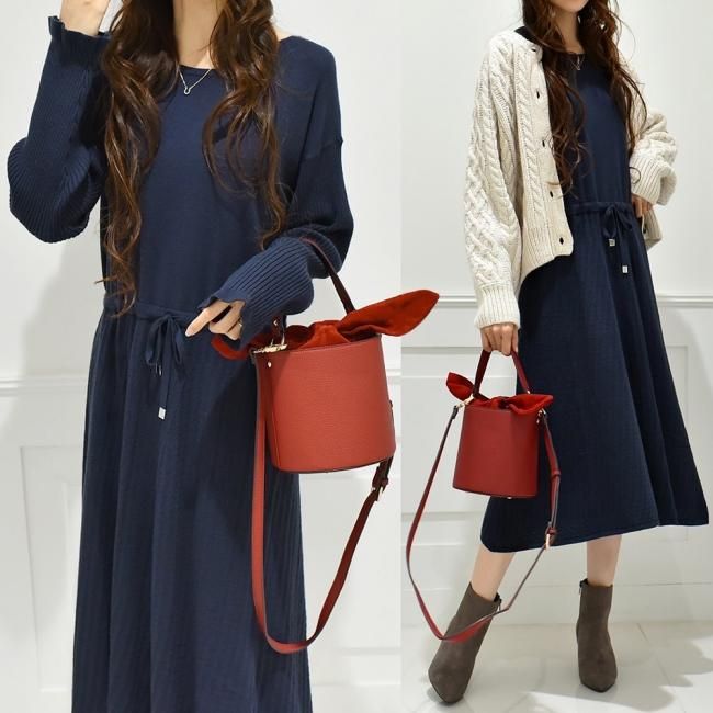 Sale ペチコート付 透かしアイレット切替ニットワンピース ネイビー The Secret Bean Sale ペチコート付 透かしアイレット切替ニットワンピース ネイビー The Secret Bean