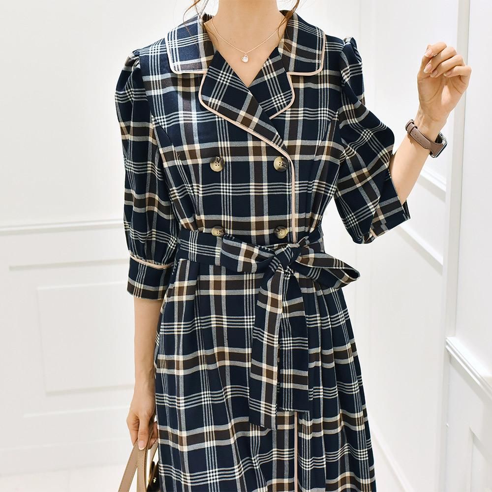 予約 ゆうパケ 2color チェック柄アシンメトリーワンピース The Secret Bean