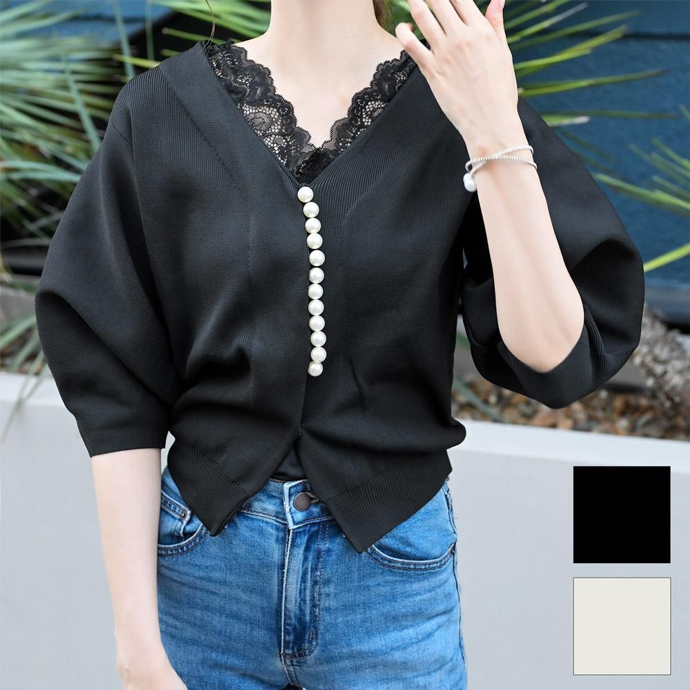 【SALE】【ゆうパケ】2color◆パールボタン スポンジニット5分袖カーディガン - The Secret Bean