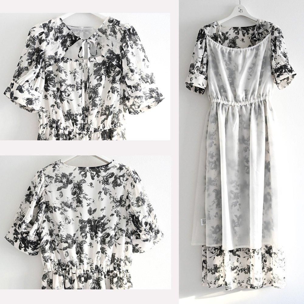 【祝開店！大放出セール開催中】 SALE】【ゆうパケ】ぼかし花柄 フロントオープンパフスリーブ ワンピース