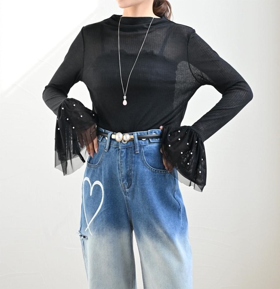 PRE SUMMER SALE】【ゆうパケ】2color◇パールフリル袖シアー