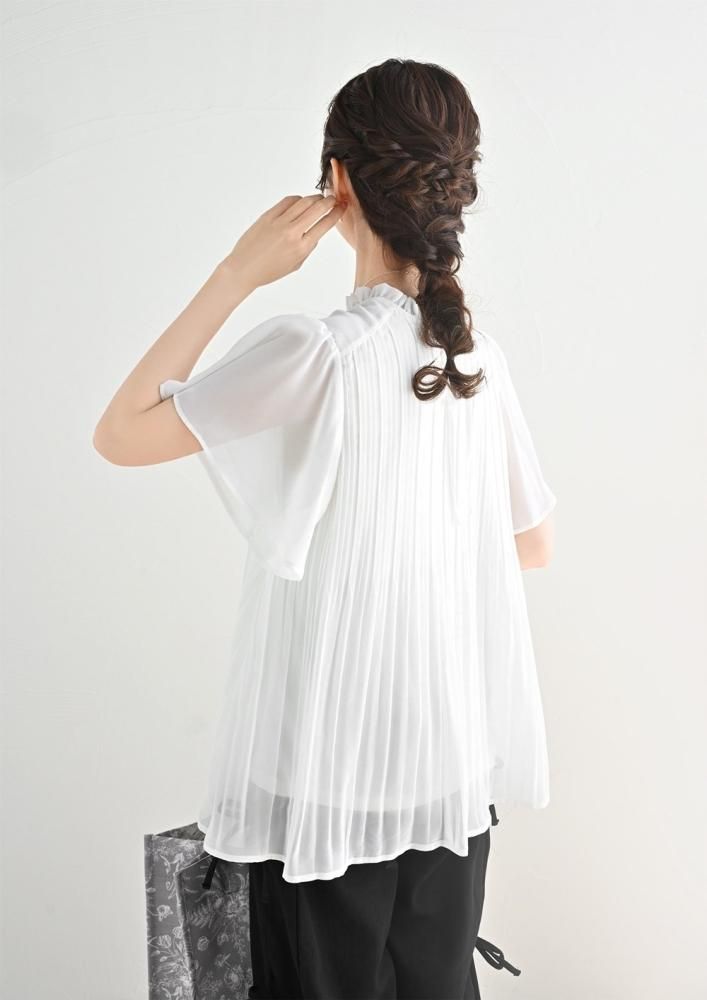 ゆうパケ】シフォン重ね フレア袖 消しプリーツチュニック - The