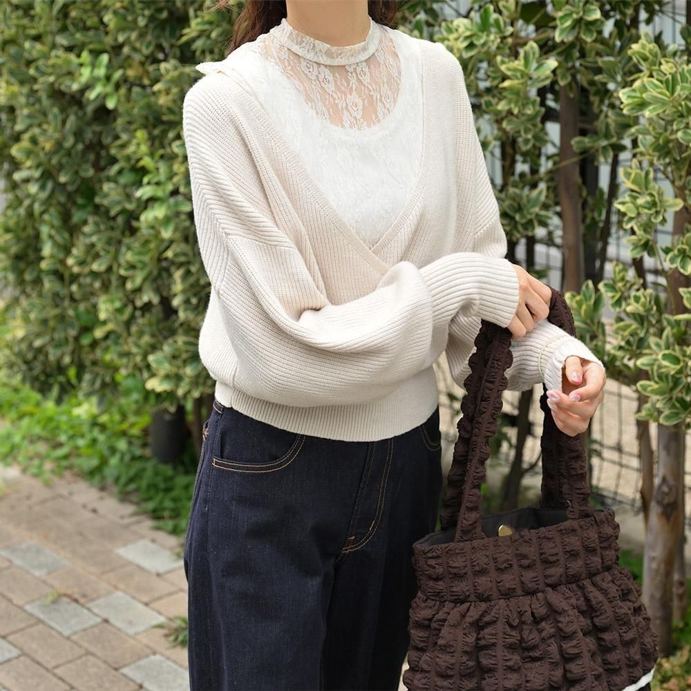 SALE】【ゆうパケ】華やかレースドッキング カシュクールニット