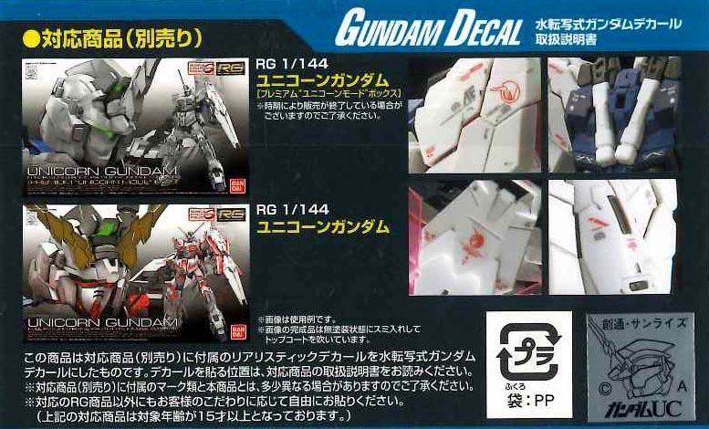 ガンダムデカール RG 1/144 ユニコーンガンダム用 水転写デカール