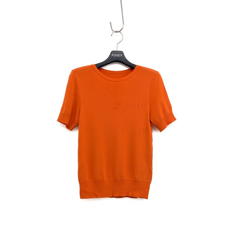 FOXEY フォクシー ニットトップ タンジェリン セーター 半袖 透かしロゴ ブラッドオレンジ 38