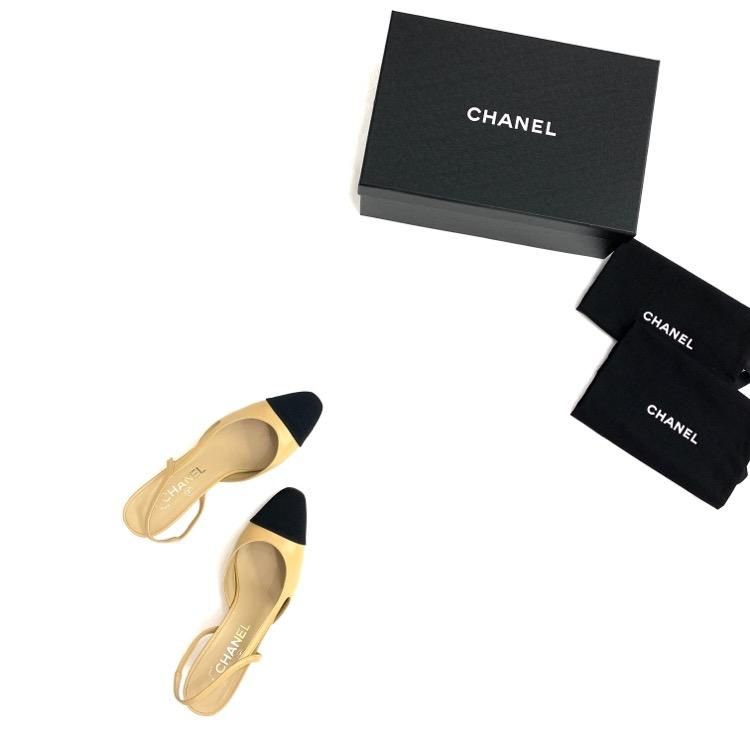 CHANEL シャネル スリングバック パンプス ゴートスキン & グログラン