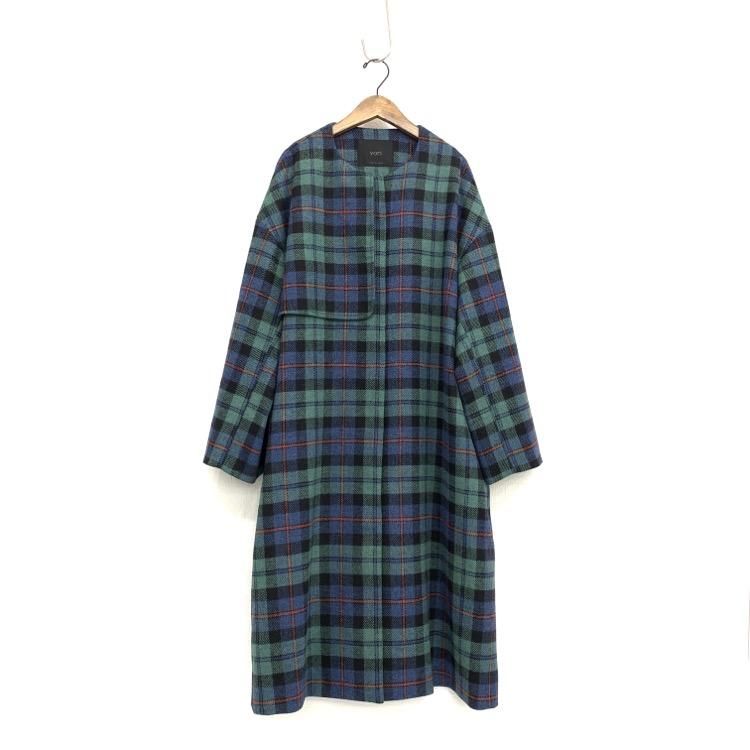 yori ウールチェックノーカラーコート【美品】参考価格58000 - ロング yori ウールチェックノーカラーコート【美品】参考価格58000 - ロング