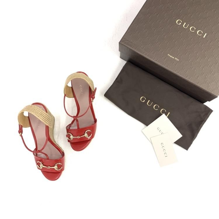 GUCCI グッチ ホースビット ジュートウェッジ サンダル レッド