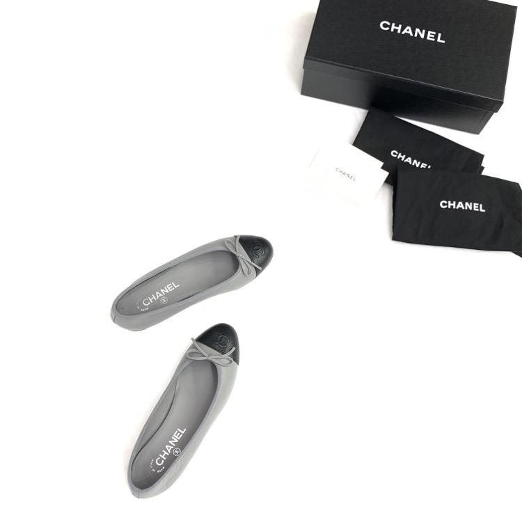 CHANEL シャネル バレリーナ フラット パンプス ラムスキン 22B グレー×ブラック 37 G02819 X01000