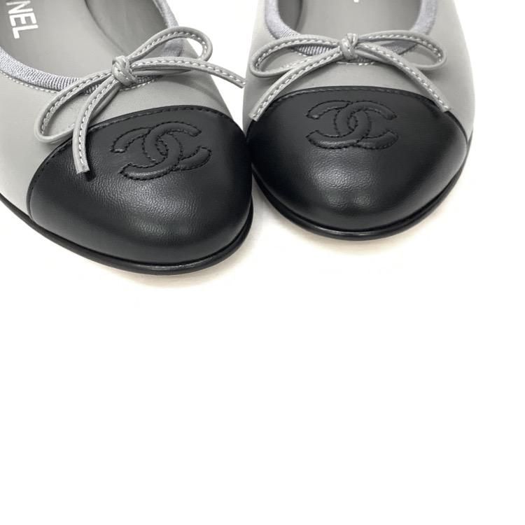 【洗練されたカラー♪】CHANEL バレリーナ グレー×ブラック CHANEL シャネル バレリーナ フラット パンプス ラムスキン 22B