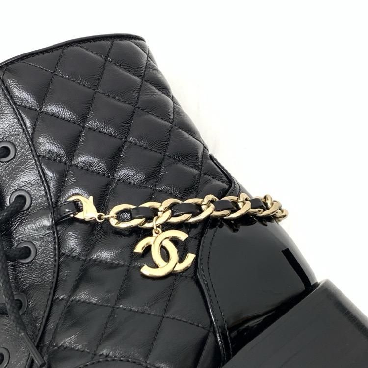 CHANEL シャネル レースアップ ブーツ マトラッセ チェーン ブラック 