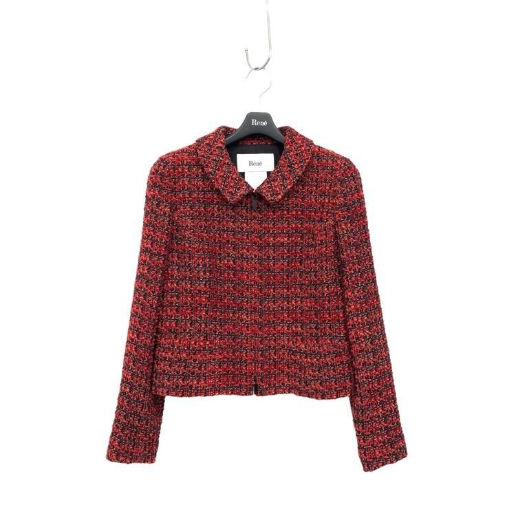 Rene ルネ ツイード ジップアップ ジャケット レッド 36 6043330 Rene ルネ ツイード ジップアップ ジャケット レッド 36 6043330