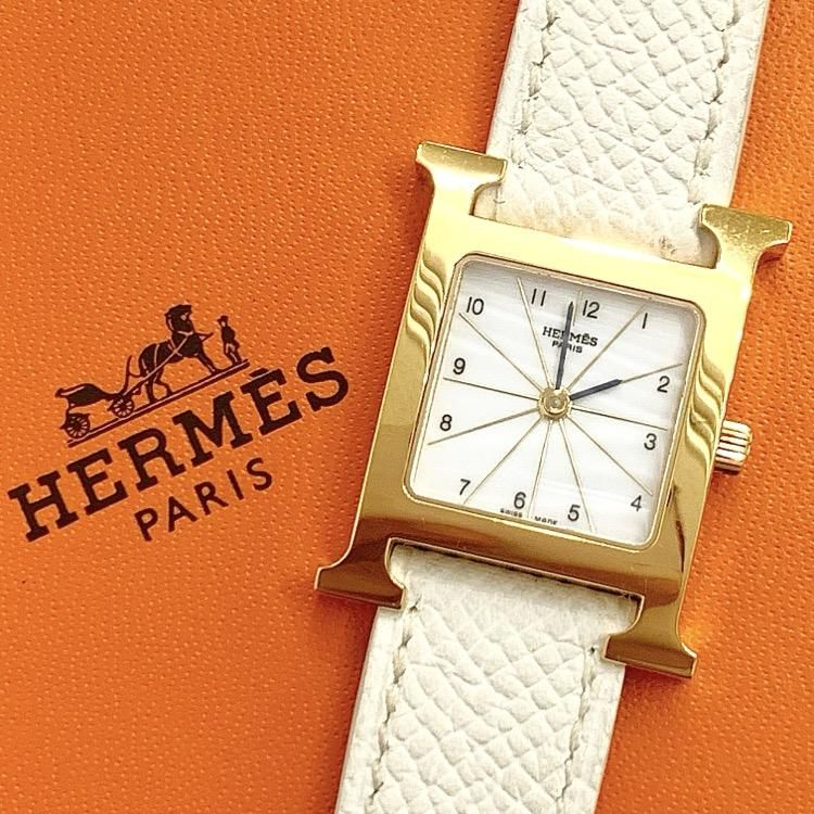 HERMES エルメス Hウォッチ ゴールド ホワイトベルト HH1.201