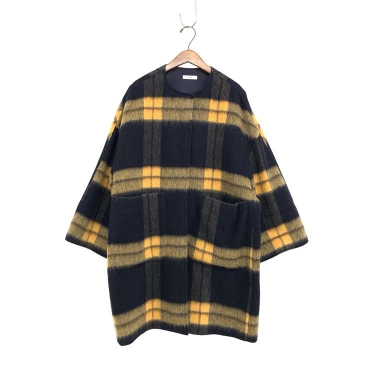 yori ヨリ シャギー チェック コート ウールモヘヤ ネイビー