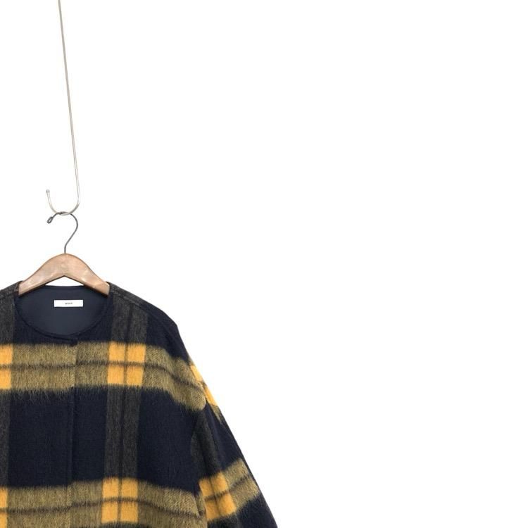 yori ヨリ シャギー チェック コート ウールモヘヤ ネイビー yori ヨリ シャギー チェック コート ウールモヘヤ ネイビー