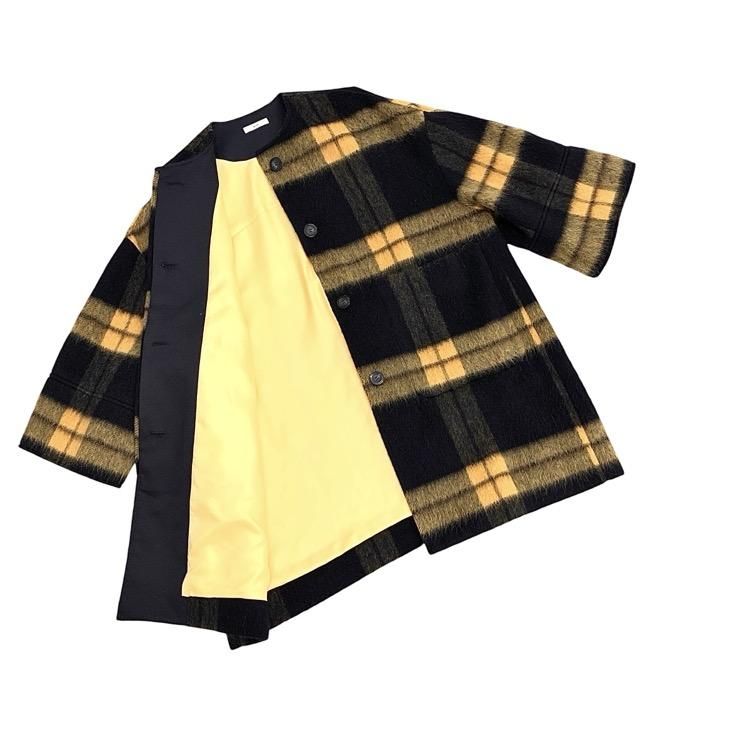yori ヨリ シャギー チェック コート ウールモヘヤ ネイビー yori ヨリ シャギー チェック コート ウールモヘヤ ネイビー