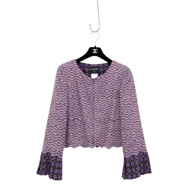 CHANEL シャネル 幾何学柄ノーカラージップ ジャケット パープル CHANEL シャネル 幾何学柄ノーカラージップ ジャケット パープル