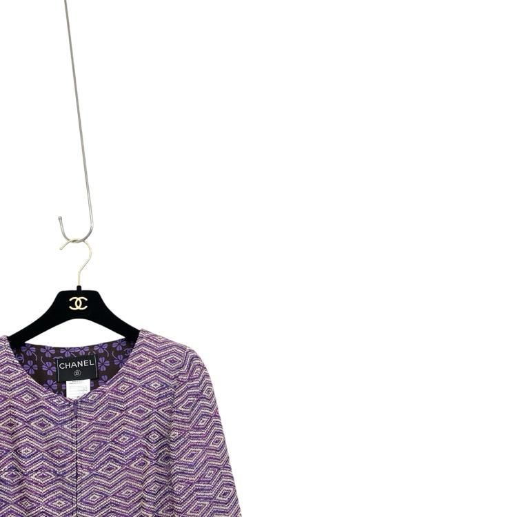CHANEL シャネル 幾何学柄ノーカラージップ ジャケット パープル CHANEL シャネル 幾何学柄ノーカラージップ ジャケット パープル