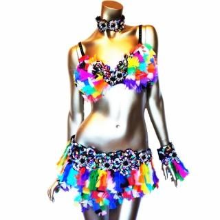 サンバ衣装 リアルフェザー羽 ダンサー衣装POPカラフルカラー4点セット