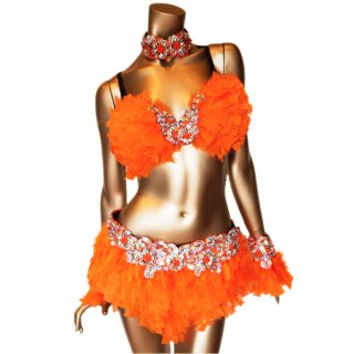 本物の羽 ダンサー衣装4点セット  パッションなオレンジカラ— ビーズスパンコール[送料無料]