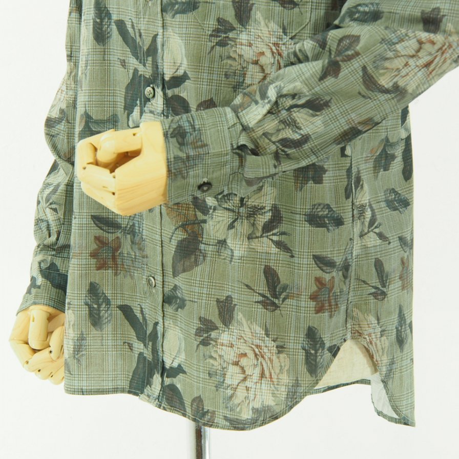 ts(s) ティーエスエス - Flower On Glen Plaid Print Stretch Cotton Cloth B.D. Shirt - Blue Gray