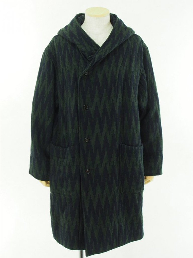 ts(s) ティーエスエス - Hooded Easy Coat - Raving Yarn Wool Zigzag Jacquard Cloth - Navy / Green