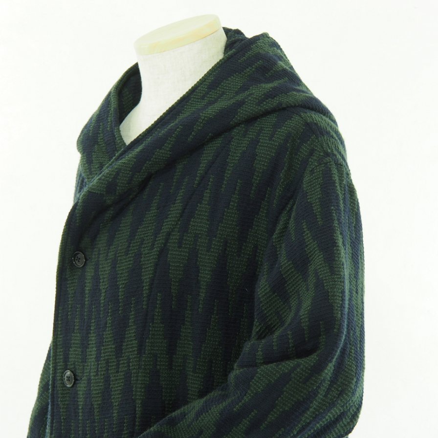 ts(s) ƥ - Hooded Easy Coat - Raving Yarn Wool Zigzag Jacquard Cloth - Navy / Green