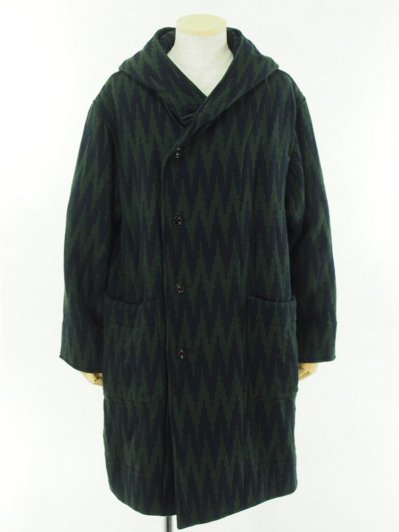 ts(s) ティーエスエス - Hooded Easy Coat - Raving Yarn Wool Zigzag Jacquard Cloth - Navy / Green