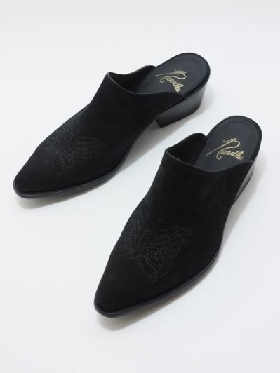 Needles ニードルズ - Heeled Papillon Stitched Mule ヒールドパピヨンステッチドミュール - Suede - Black