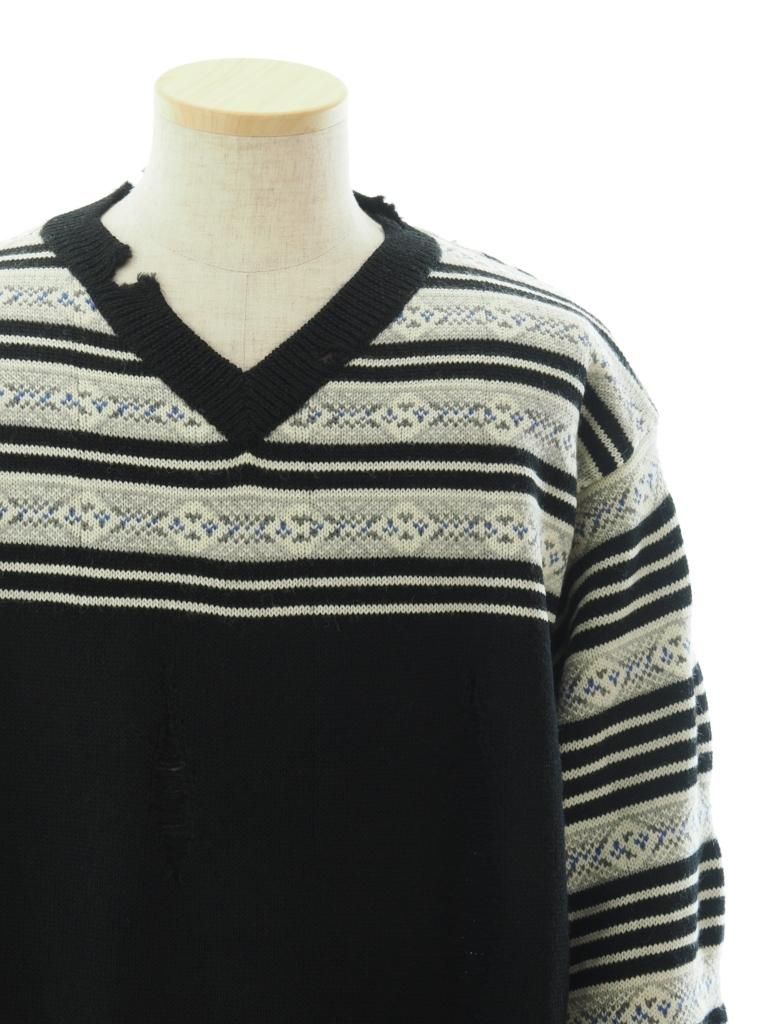 NOMA t.d. ノーマティーディー - Fair Isle Damaged Sweater フェアアイルダメージセーター - Black