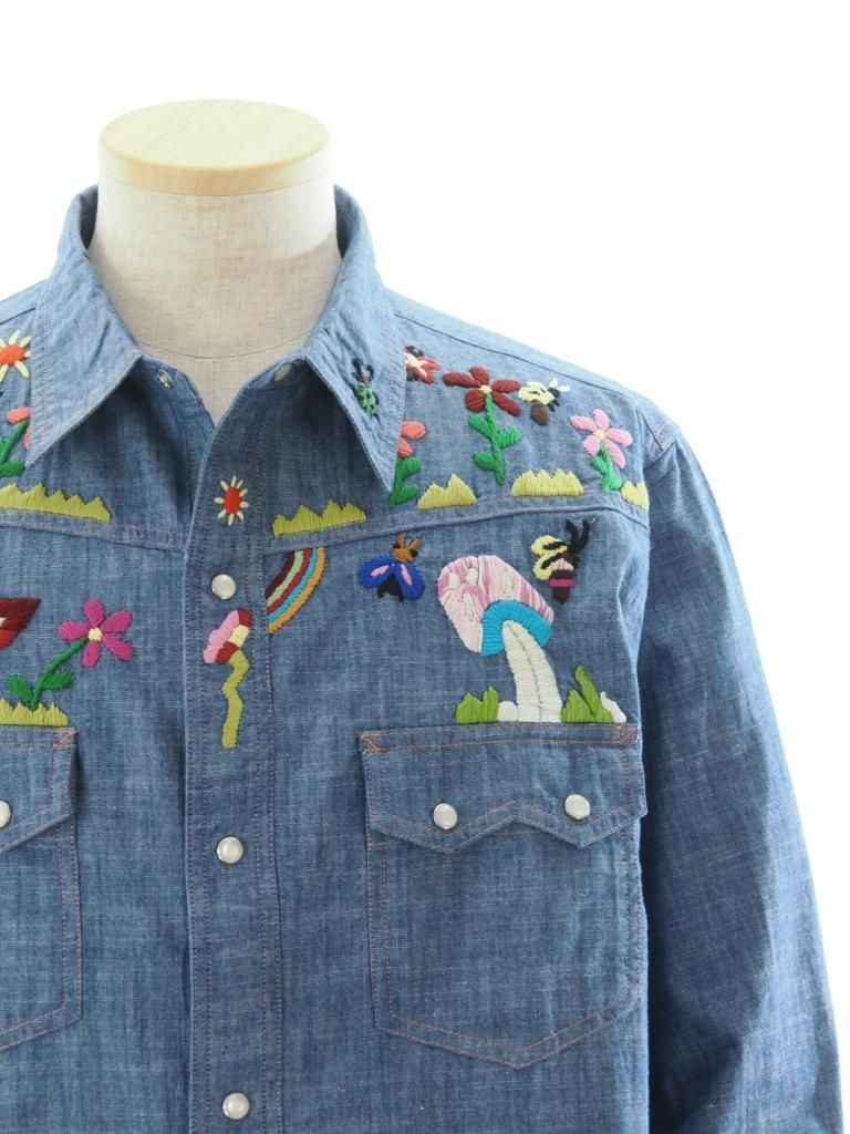 Needles ニードルズ - Western Shirt ウェスタンシャツ - Cotton Chambray / India Emb. - Blue