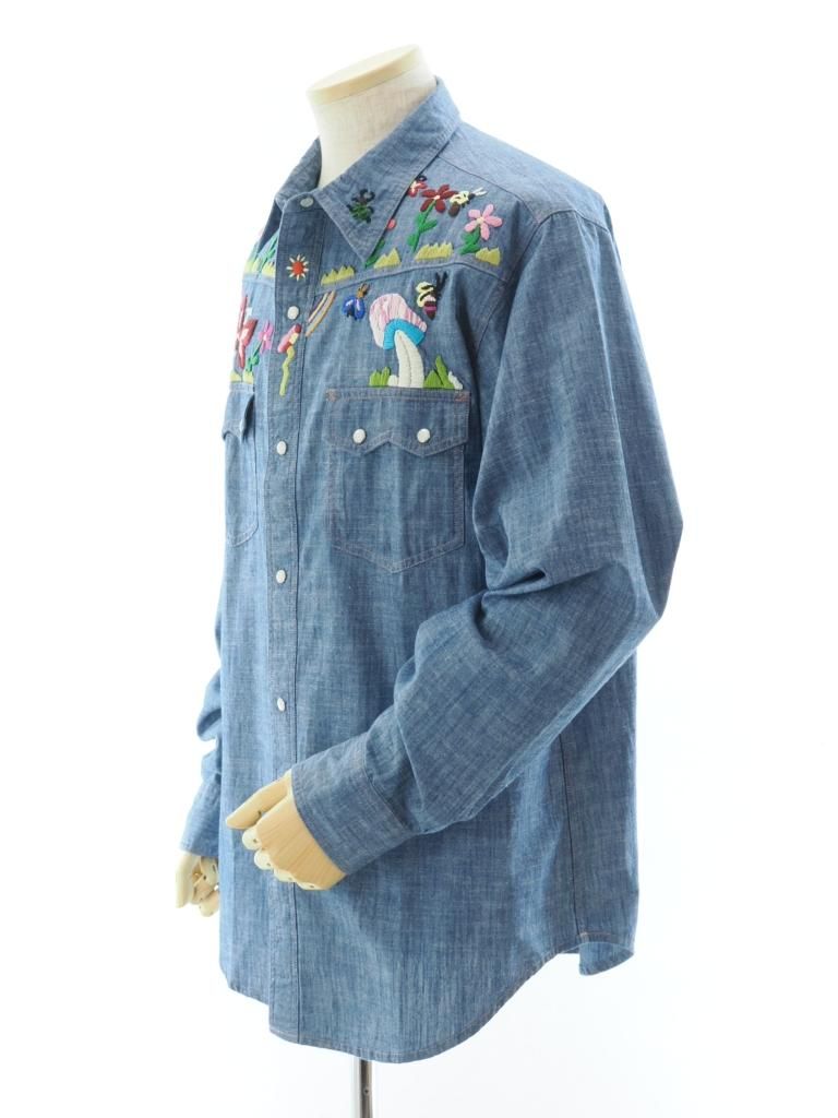 Needles ニードルズ - Western Shirt ウェスタンシャツ - Cotton Chambray / India Emb. - Blue