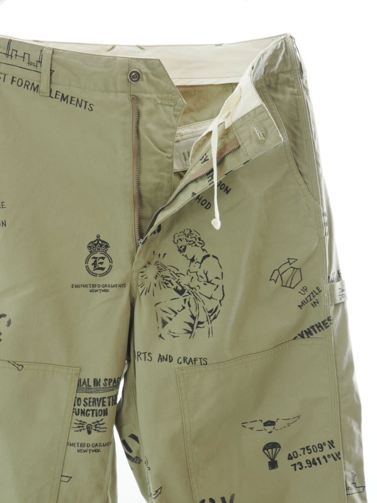 Engineered Garments エンジニアドガーメンツ - Painter Pant オフィサーパンツ - Graffiti Print  Flat Twill - Khaki